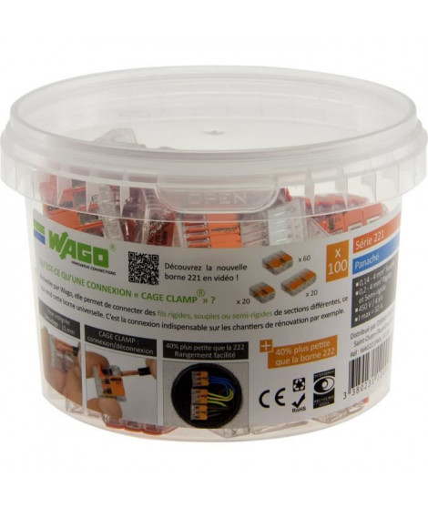 100 Pièces WAGO CONTACT technique connexion doses Borne 2273-203 Transparent