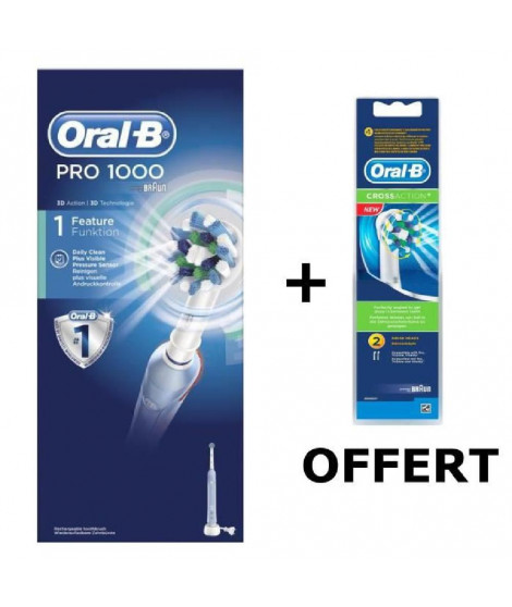 Pack ORAL B : Brosse a dents électrique rechargeable PRO 1000 CrossAction + Lot de 2 Brossettes de remplacement CrossAction O…