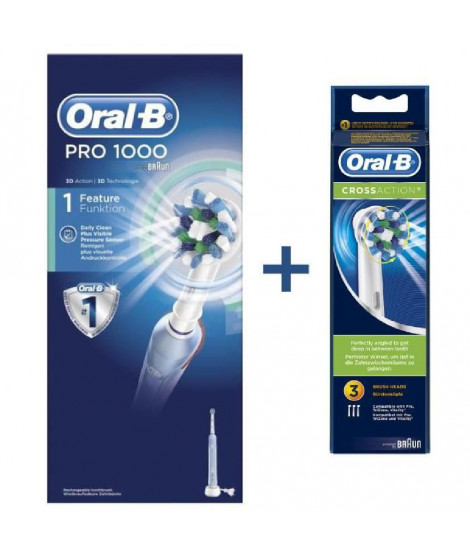 Brosse a dents électrique rechargeable - ORAL-B PRO 1000 CrossAction + 3 brossettes de remplacement CrossAction