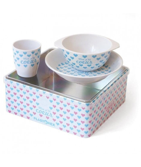 PLASTOREX lot vaisselle mélamine blanche décor Petits Coeurs bleus (assiette, bol, gobelet) sous boîte métallique décorée