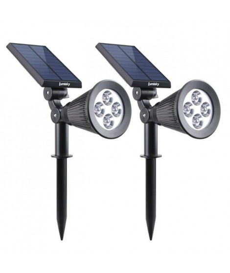 LUMISKY Pack de 2 Spots solaires extérieur étanches - 4 LEDs - 200 Lm - Tete pivotante a 90°C