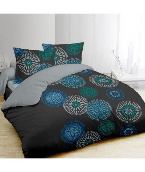 VISION Parure de couette Ines 100% coton - 1 housse de couette 240x260cm + 2 tais 65x65cm - Gris, bleu et vert