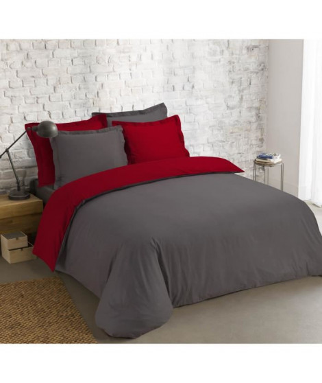 VISION Parure de couette 100% coton - 1 housse de couette réversible 240x260 cm + 2 taies 65x65cm anthracite et rouge