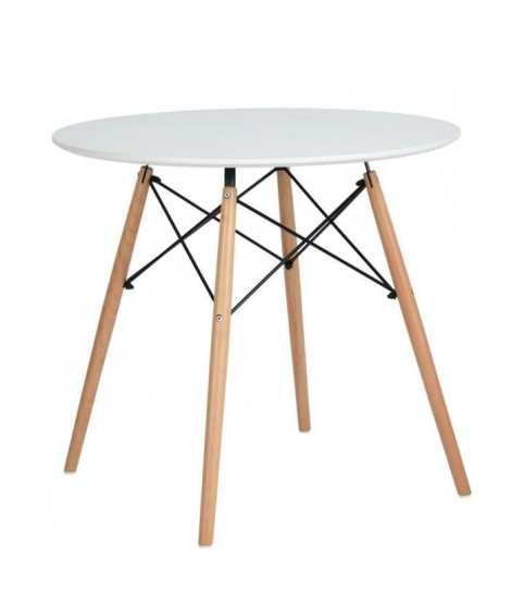 MADDIE Table a manger ronde de 2 a 4 personnes scandinave blanc laqué + pieds en bois hetre massif - Ø 80 cm