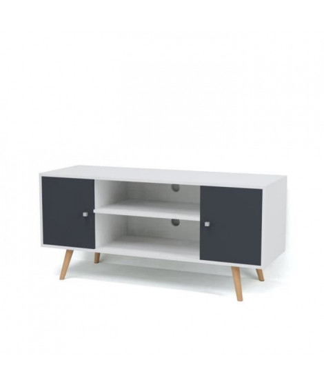 BABETTE Meuble TV scandinave pieds en bois gris foncé et blanc - L 116 cm