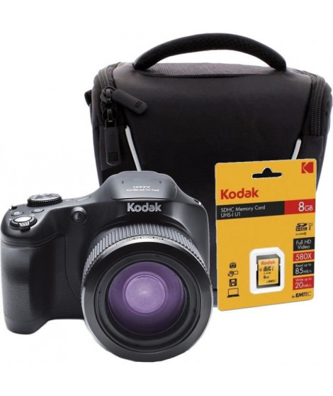 KODAK AZ651BK Appareil photo Bridge 1080p, zoom optique 65x + Carte mémoire SDHC 8GB + Sacoche pour appareil photo