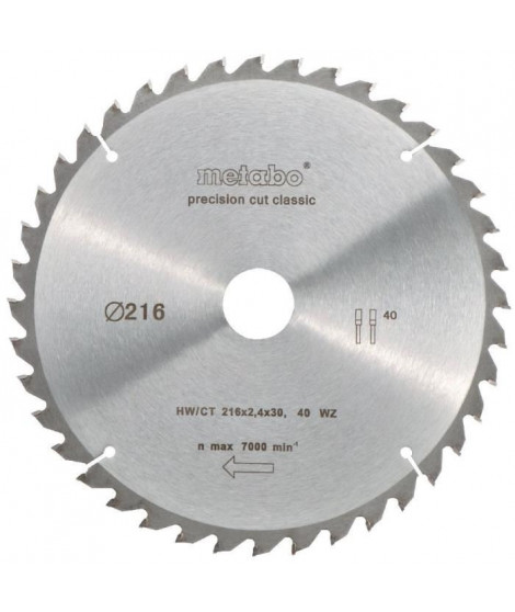 METABO Lame de scie circulaire Precision cut - 216 mm - 40 dents - Scies a onglets et radiales