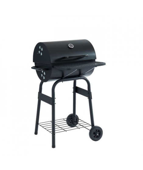 JAMES Barbecue a charbon avec couvercle type fumoir - 2 roues et tablettes - 44 x 37 cm - Noir