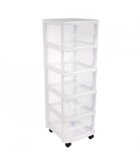 EDA PLASTIQUE Tour de rangement City avec roulettes - 5 Tiroirs - 32 x 37 x 97 cm - Blanc transparent