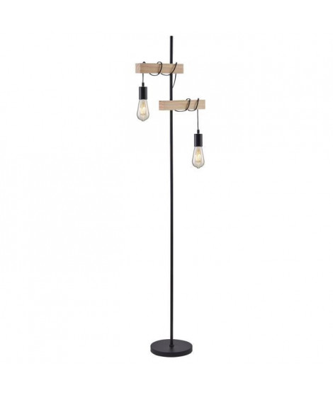 DETROIT Lampadaire industriel 2 tetes en bois - 40 x 25 x H150 cm - Noir - Ampoules décoratives E27 40W fournies