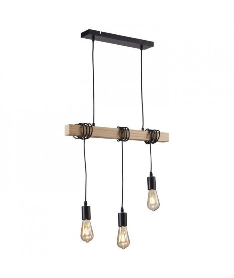 DETROIT Suspension industrielle 3 tetes en bois - 7 x 60 x H150 - Noir - Ampoules décoratives E27 40W fournies