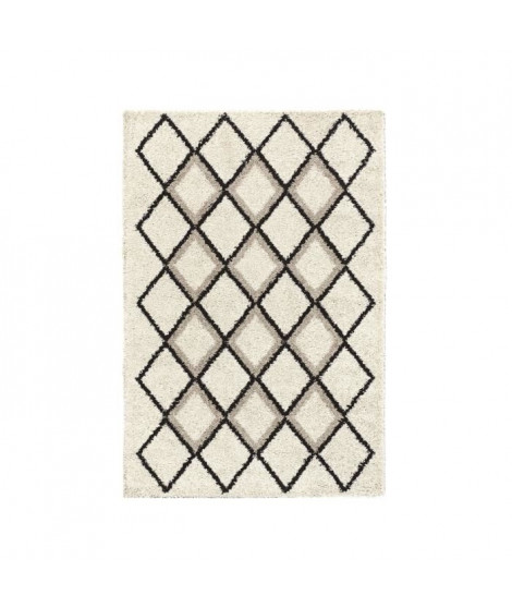 SUZAN Tapis de salon Shaggy - Style berbere - 150 x 220 cm - Creme et gris - Motif géométrique