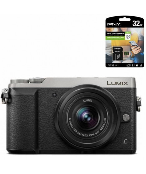 PANASONIC Lumix GX80 Appareil photo Hybride 16 Mp - Optique 12-32mm - Argent et Noir + PNY Carte Micro SD 100Mo 32Go