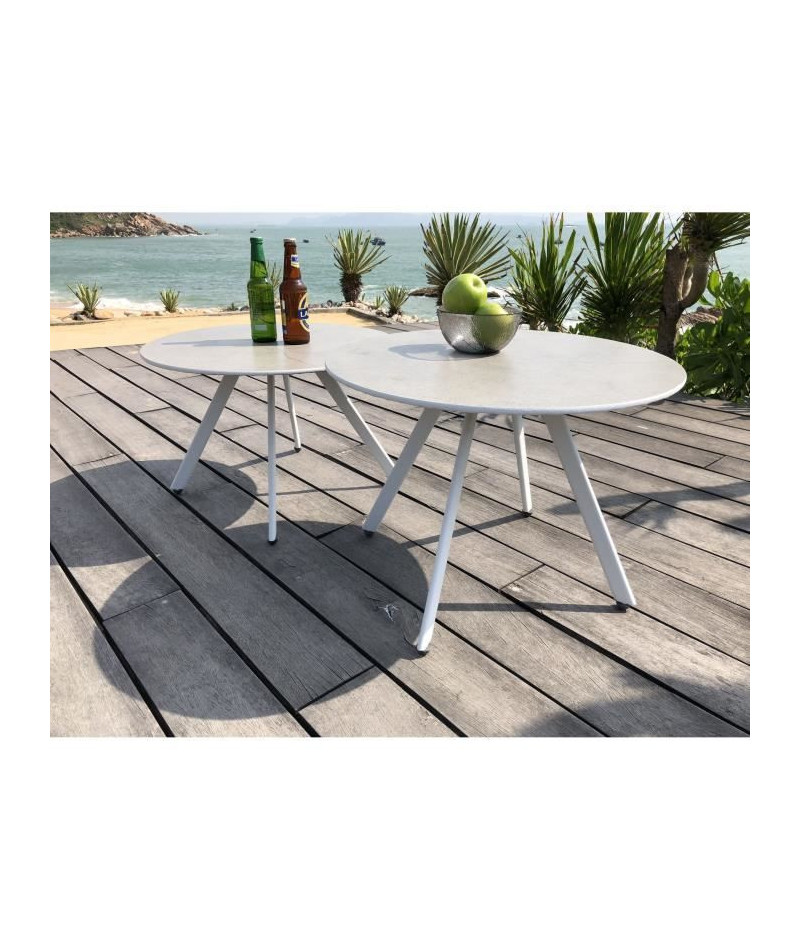 Blanc Générique Lot de 2 Tables Rondes Base en métal avec Plateau en gres 