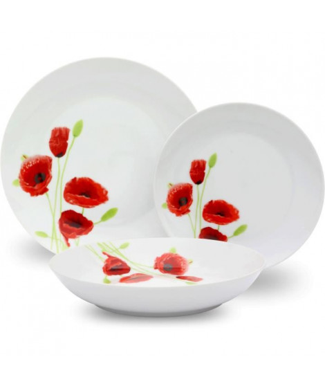 Service de Table 18 pieces en porcelaine Coquelicot rouge et blanc