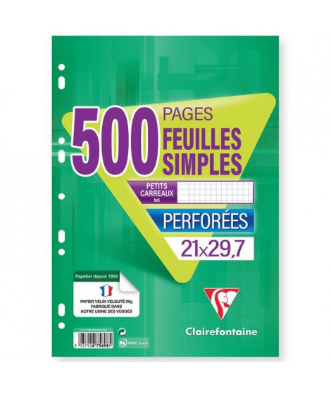 CLAIREFONTAINE - 500 Feuilles simples blanches - Perforées - 21 x 29,7 - Petits Carreaux 5x5 - Papier 90G
