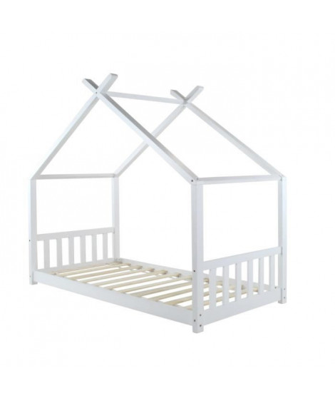 ELIE Lit cabane enfant 90 x 190 cm - Bois pin massif Blanc - Sommier a lattes inclus  - L 198 x l 98x H 146 cm