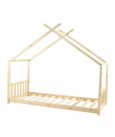 ELIE Lit cabane enfant 90 x 190 cm - Bois pin massif naturel - Sommier a lattes inclus - L 198 x l 98x H 146 cm