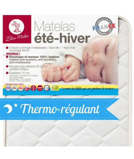 LILOU MIAKA Matelas Lit Bébé avec housse- 25kg/M3 - Eté Hiver - 70x140x12 cm