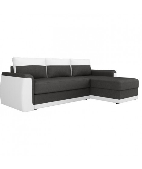 JAMES Canapé d'angle convertible 3 places + Coffre de rangement - Simili blanc et tissu gris anthracite - L 230 x P 142 cm