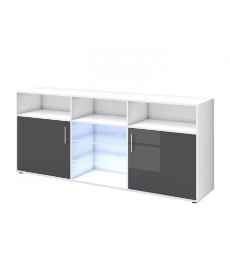 KORA Buffet bas avec LED contemporain gris brillant et blanc mat - L 180 cm