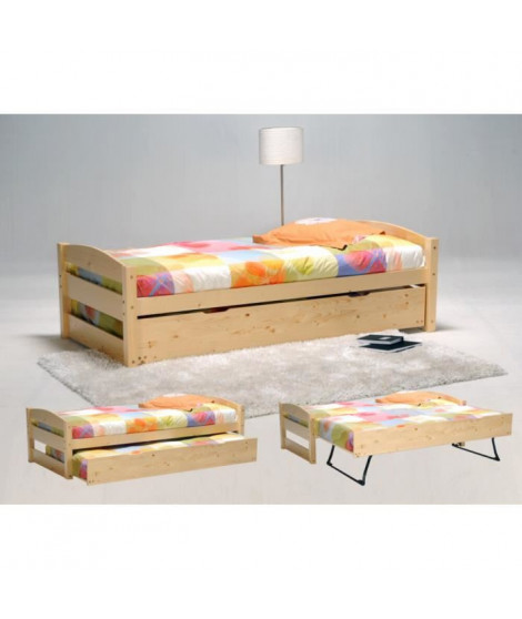 THOMAS Lit gigogne contemporain en bois épicéa massif vernis naturel + pieds en métal + sommiers - l 90 x l 190 cm