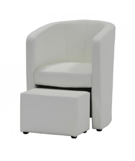 NUNO Fauteuil cabriolet + pouf en simili blanc - L 59 x P 63 x H 77 cm