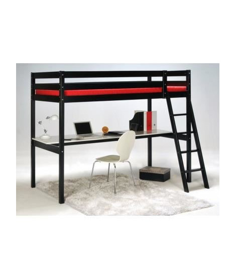 ASHTON Lit mezzanine enfant contemporain en bois épicéa massif verni noir + sommier - l 90 x L 190 cm