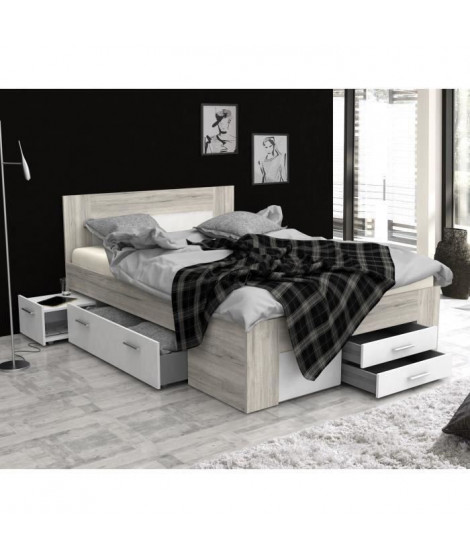 UDINE Lit adulte contemporain décor chene cendré et blanc mat - l 140 x L 200 cm