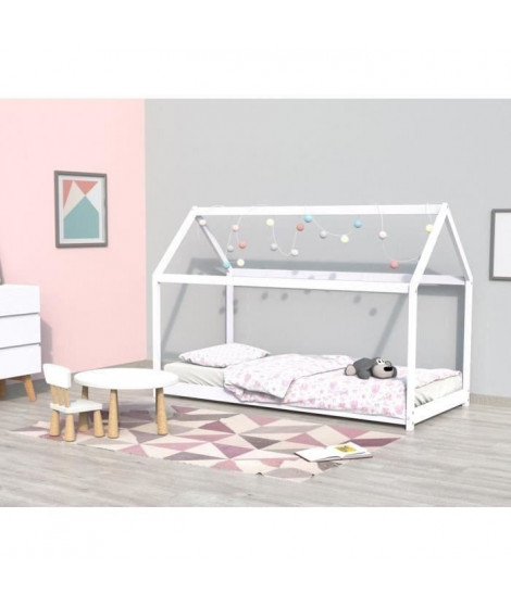 PANDA Lit enfant cabane - Style junior - Bois pin massif blanc - Sommier en bois épicéa inclus - l 90 x L 190 cm