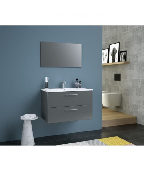 GLOSSY Meuble de Salle de bain simple vasque L 80cm - Gris foncé laqué brillant