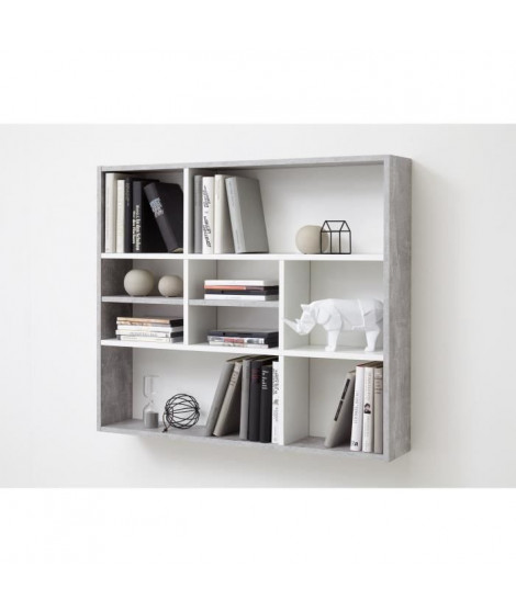 MIKA Etagere murale 9 compartiments - 90 x 78,5 x 16 cm - Panneau mélaminé - Décor béton gris et blanc