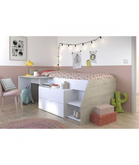 KIM Lit combiné enfant contemporain décor chene silex et blanc - l 90 x L 190 ou 200 cm