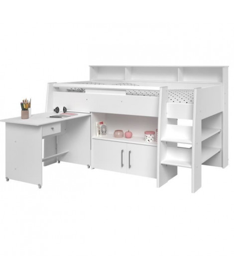 DAVE Lit combiné enfant avec bureau contemporain décor blanc - Sommier inclus -l90 x L200 cm