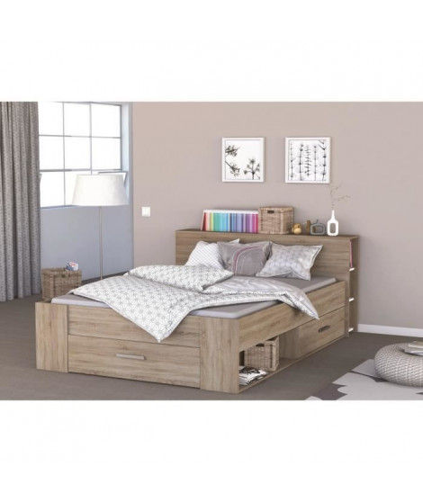 OXYGENE Lit adulte contemporain décor chene brossé - l 140 x L 190 cm
