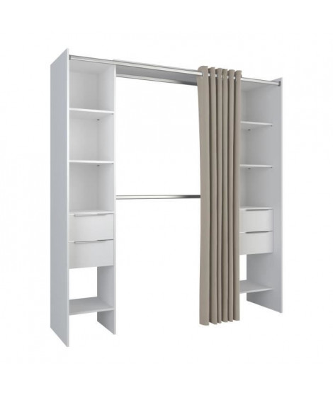 DANA Kit dressing extensible 2 colonnes + 4 tiroirs avec rideau - Décor blanc - L 190 x P 50 x H 203 cm