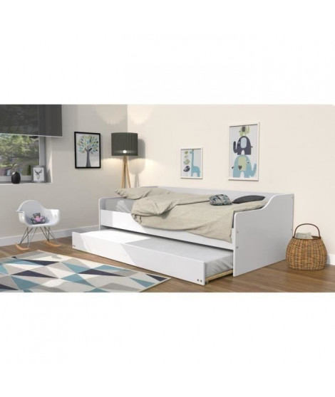 COSY Lit gigogne contemporain blanc + sommier en bois épicéa massif - l 90 x L 190 cm