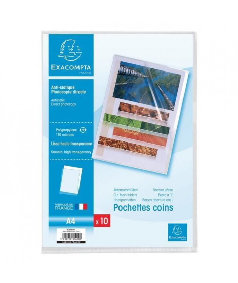 EXACOMPTA 10 pochettes Coins - 210 x 297 mm - Polypropylene lisse incolore 110µ avec encart (Lot de 3)