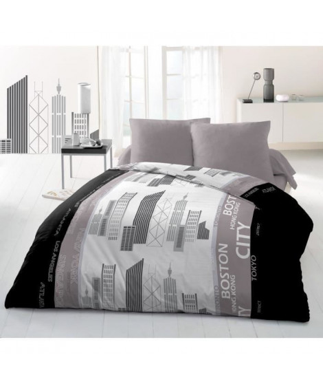 Parure de couette Microfibre DISTRICT - 1 housse de couette 220x240 cm + 2 taies 63x63 cm - Gris et Noir