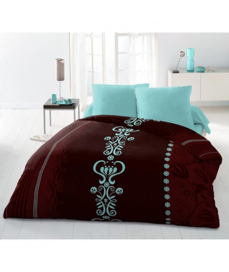 Parure de couette Microfibre JULIETTE - 1 housse de couette 220x240 cm + 2 taies 63x63 cm - Chocolat et Turquoise