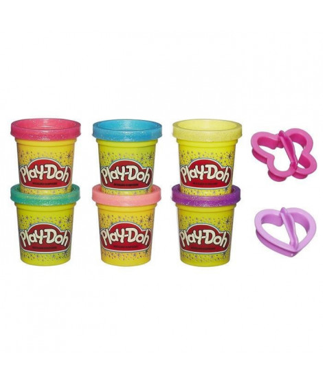 Play-Doh  6 pots de Pâte A Modeler a Paillettes et 2 accessoires - 56 g chacun