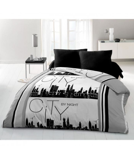 Parure de couette Microfibre CITY BY NIGHT - 1 housse de couette 220x240 cm + 2 taies 63x63 cm - Gris et Blanc