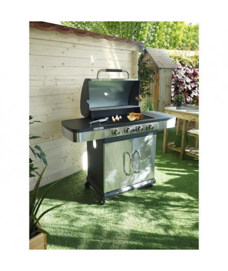 GRILL GARDEN Barbecue a gaz 4 brûleurs - Fonte émaillée - 62 x 39,5 cm - Inox