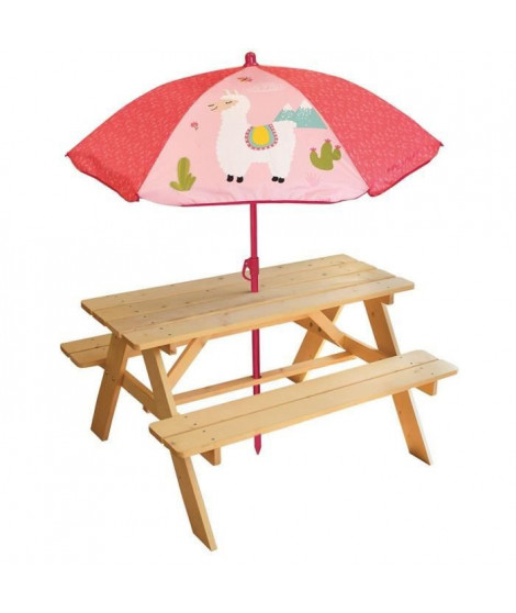 FUN HOUSE 713143 LOLA LAMA Table pique-nique en bois avec parasol pour enfant