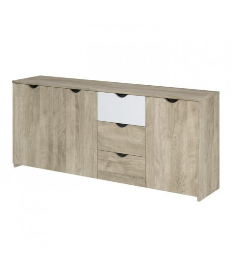 AUSTIN Buffet - 3 portes 3 tiroirs - Décor chene et blanc - L 180 x P 40 x H 75 cm