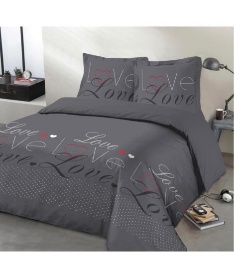 VISION Parure de couette Love - 100% coton - 1 housse de couette 200 x 200 cm + 2 taies d'oreiller 65 x 65 cm - Gris