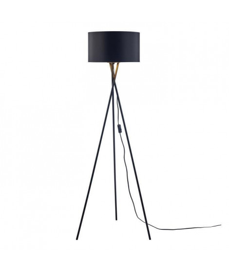 Lampadaire Trépied Métal Noir - Abat jour en tissu Noir et doré - Diam 34 x H 140 cm