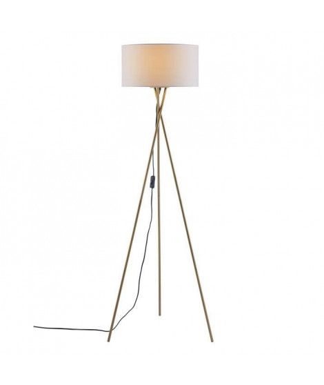 Lampadaire Trépied Métal Doré - Abat jour en tissu Blanc - Diam 34 x H 140 cm