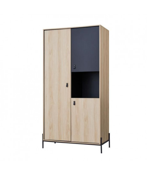 WORKSHOP Armoire de chambre enfant - 3 portes avec penderie et 1 niche - Poignées boucle en pvc - Chene/Noir - L100 x P53x H2…