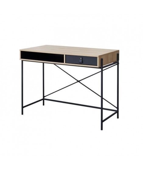 WORKSHOP Bureau enfant - 1 tiroir et 1 niche - Poignée boucle en pvc - Chene/Noir - L99,8 x P55 x H77,4 cm